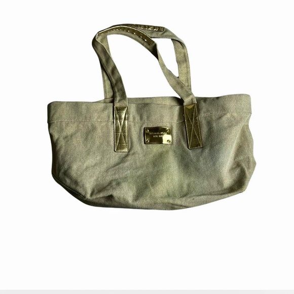 Michael Kors Tote Bag Canvas /PU Trim Beige  /Gold Metallic‎ Double Handle - Picture 1 of 6